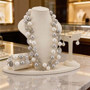 Multi-Strand Pearl & Crystal Set – Necklace, Bracelet & Drop Earrings - Silver